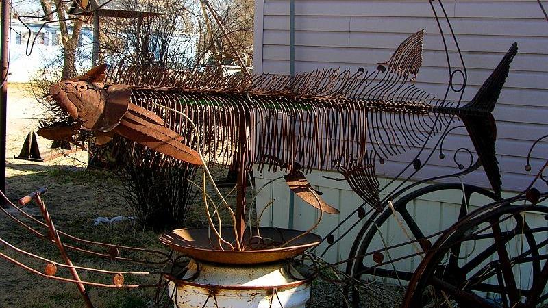 Sculpture of a prehistoric skeleton of a fish